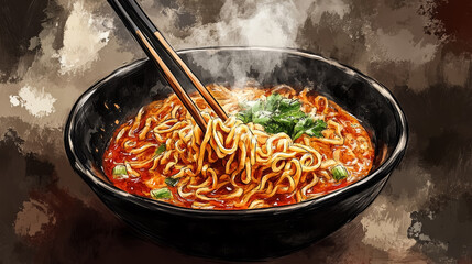 Steaming Hot Spicy Ramen Bowl with Chopsticks