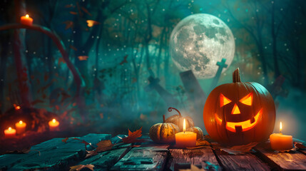 Obraz premium 3D rendered Halloween background featuring a spooky dark night forest. Holiday event halloween banner background concept.