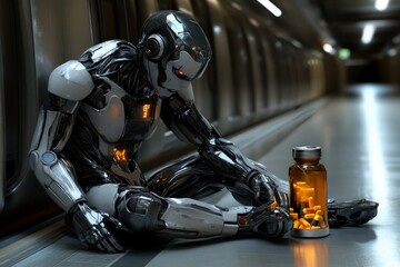 Fototapeta premium Black robotic figure in a contemplative pose with a whiskey glass blending tradition with future technologies