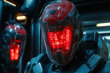 Red robotic head with a threatening glare in a dark cybernetic environment