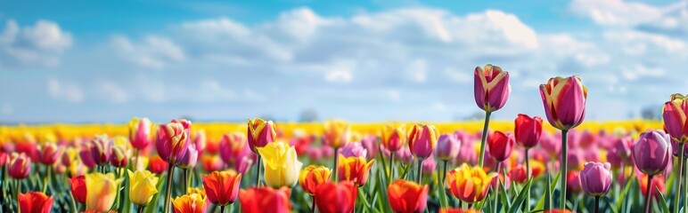 Colorful Tulips Blooming in a Field Under a Blue Sky