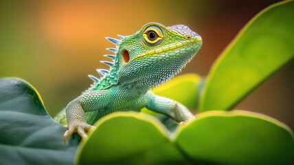 Obraz premium Lizard closeup on a leaf, bright and bold colors, intricate details, scales, beautiful, natural