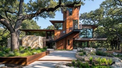 A modern home with a rusted metal exterior and a stone wall is surrounded by trees and a patio with a stone pathway.