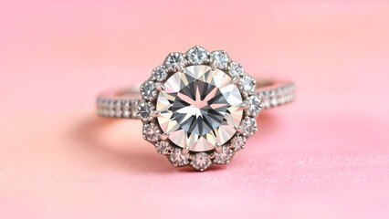 Diamond engagement ring on a pink gradient background
