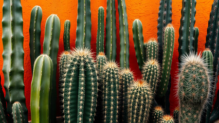 Group of tall green cacti against an orange background.
