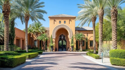 Fototapeta premium A beautiful, luxurious home with a large, ornate entrance and a long, paved driveway lined with palm trees and shrubs.