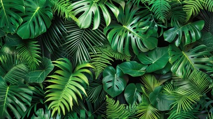 A close-up view showcasing a variety of tropical leaves in rich shades of green