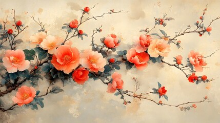 Auspicious Peach and Peonies: A peach with blooming peonies, rendered in ancient style, symbolizing longevity and prosperity