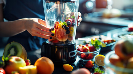 Blending Smoothie. Close-up of hands placing a variety of fruits into a blender jar.