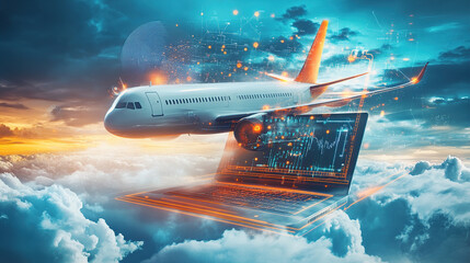 3D rendering of an airplane flying over a laptop with a digital data and cloud technology background concept