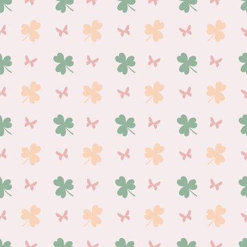 Cute kawaii clover leaves with seamless butterfly pattern with pastel background