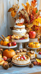 Naklejka premium 21. A creative Thanksgiving dessert display featuring pumpkin pies, apple tarts, and seasonal treats beautifully arranged 