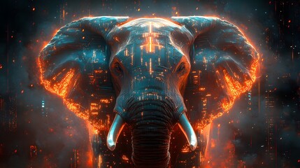 Auspicious Elephant and Futuristic Elements: An elephant surrounded by futuristic elements and glowing visuals, symbolizing modern power and good fortune