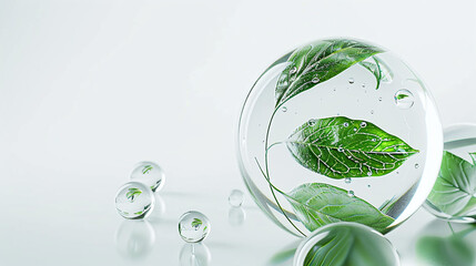 Green leaves with water droplets float on a pure white space.