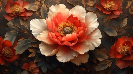 Auspicious Peony and Auspicious Symbols: Peonies surrounded by traditional auspicious symbols, representing success and prosperity