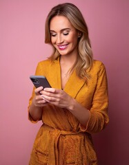 A blonde woman in a yellow dress is holding a phone with a pink background
