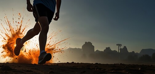 Runner with Explosive Footprints Silhouette of a runner with each footstrike causing an explosion of light or color.