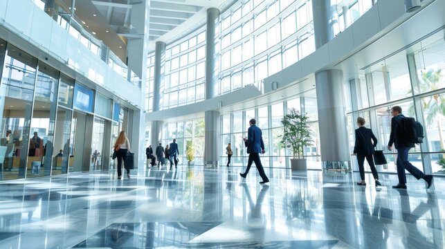 Professionals navigate a spacious, well-lit lobby filled with natural light