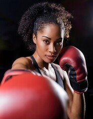 A woman wearing a black tank top and a red boxing glove