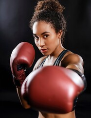 A woman wearing a black tank top and a red boxing glove