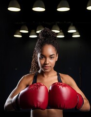 A woman wearing a black tank top and a red boxing glove