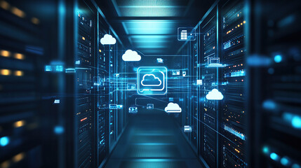 Fototapeta premium Digital illustration of cloud storage technology with icons and data connection in server room background