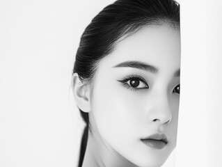 Fototapeta premium Elegant Half-Face Peek from White, Minimalist Chinese Woman with Ponytail, High Contrast Black and White Graphic Design Professional Photography