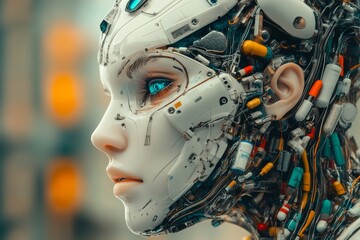 Fototapeta premium Close up of a humanoid robot with intricate facial details showcasing the blend of artistry and advanced technology