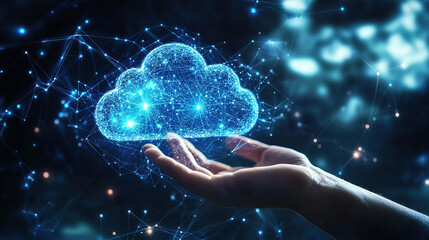 A hand holding a cloud icon with a glowing effect on a dark blue background