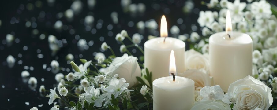 White candles and flowers on black panoramic background with copy space, funeral service, memorial and obituary header