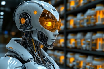 Fototapeta premium Humanoid robot with a golden visor in a futuristic supermarket aisle symbolizing the integration of AI in retail