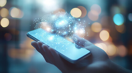 hand holding smartphone with cloud of digital connections and data