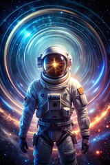Digital Hologram of a Space Explorer With Stars and Galaxies Swirling in the Background Generative AI