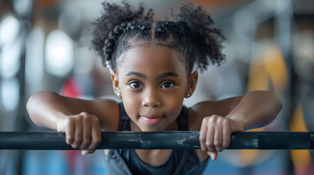 Little Gymnast on Parallel Bars: Adorable dark-skinned little gymnast competing on parallel bars