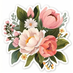 vector sticker of an elegant floral design in pastel pink and cream, featuring peonies, roses, tulips, and daisies, foliage leaves, in the style of cute, clip art style, white background, cut-out, png
