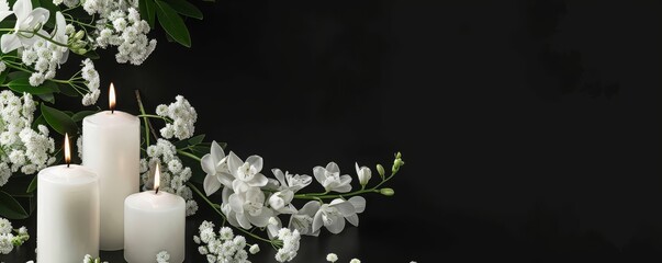 White candles and flowers on black panoramic background with copy space, funeral service, memorial and obituary header