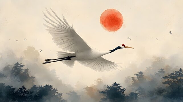 Auspicious Crane in Classic Brushwork: A crane illustrated with classic brushwork and intricate details, symbolizing grace and longevity