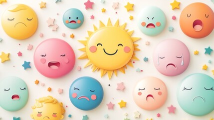 Sunny Disposition:  A cheerful sun with a bright smile shines amidst a field of pastel-colored emoticons, each with a different expression.  The sun's optimism and joy radiate through the image, creat