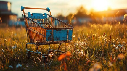 An old, dusty shopping cart left in an overgrown field, partially covered with weeds and wildflowers. The cart is wheels are tangled in the grass, and the scene is bathed in soft, diffused sunlight
