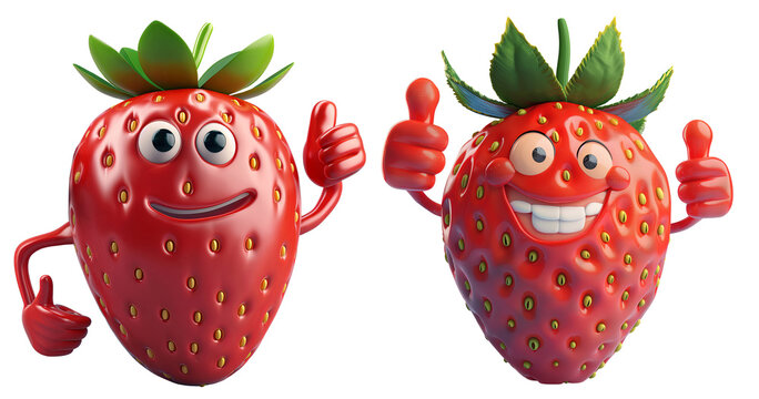 set of cute happy strawberry with funny face. 3D cartoon animation style.