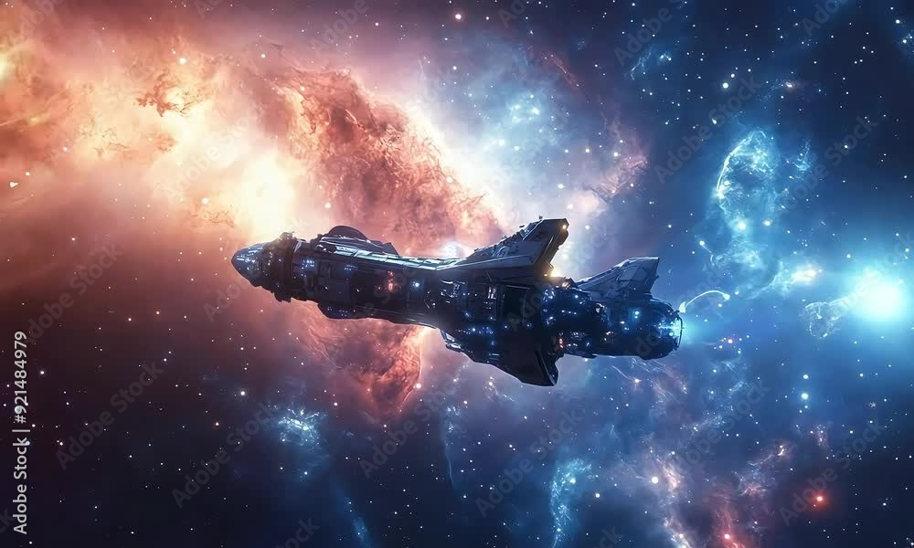 Wall mural spaceship traveling through colorful nebula in space with ai generated.