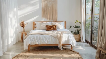 Cozy bedroom with natural light and bohemian decor.