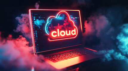 Laptop with neon cloud computing ICONS on the screen