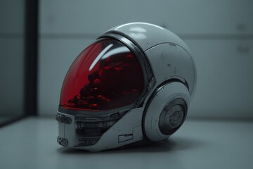 Robotic head wearing a futuristic helmet merging human protective gear with advanced robotics