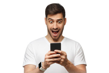 Young man in white t-shirt looking at phone screen with shocked face, amazed by new online app