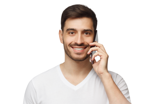 Close-up portrait of young handsome man with short dark hair, wearing white t-shirt, holding phone next to ear, answering call