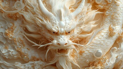 Auspicious Dragon in Traditional Chinese Style: A powerful and majestic dragon surrounded by symbols of good fortune, such as pearls or jade, representing authority and prosperity