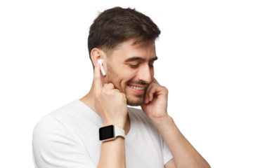 Young man in white t-shirt, wearing smartwatch and listening to music via wireless earphones