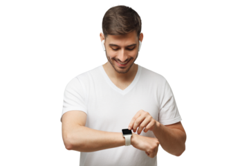Young handsome man wearing white t-shirt and wireless earbuds, checking parameters or time on his smartwatch