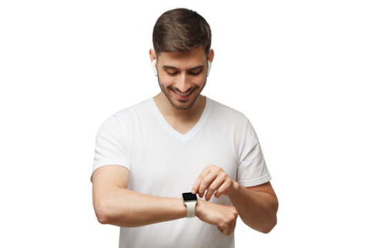 Young handsome man wearing white t-shirt and wireless earbuds, checking parameters or time on his smartwatch